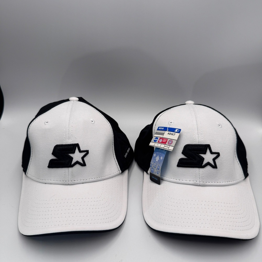 New Starter Dri-Star Mens Hats Set of 2 Black White Adjustable‎ Baseball Caps